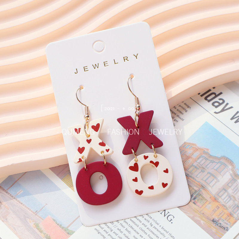 Wholesale Valentine's Day acrylic paint XO wine red contrast heart earrings